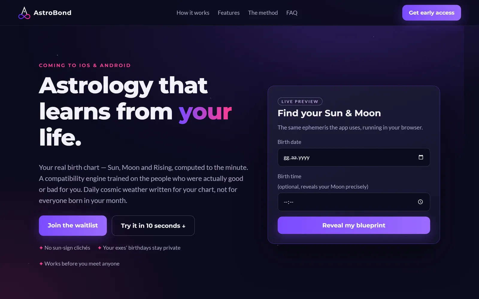 AstroBond sitesinin açılış ekranı